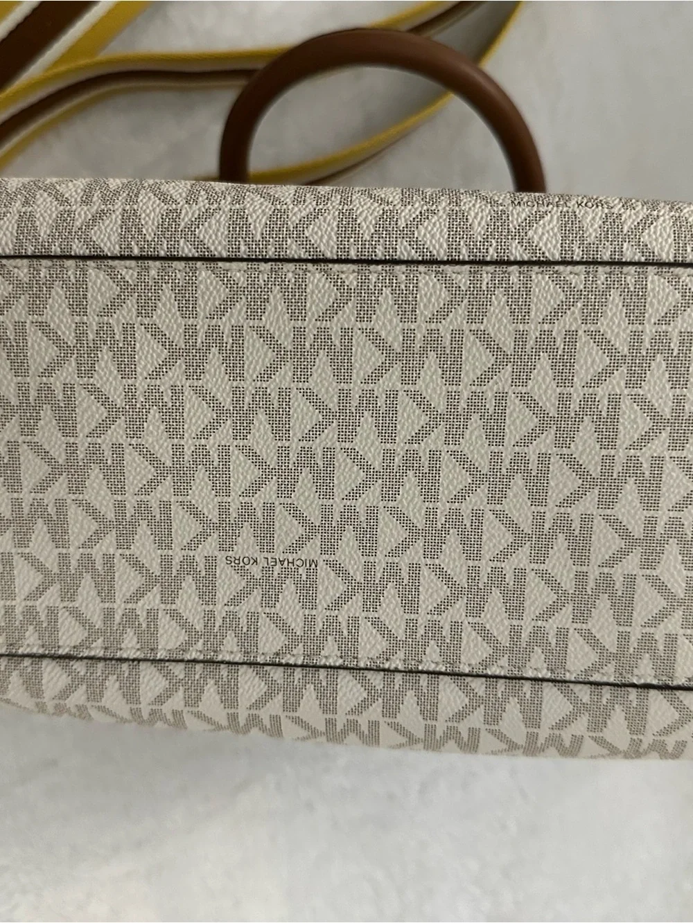 Michael Kors Beige Logo Satchel with Brown Trim and Yellow Striped Strap